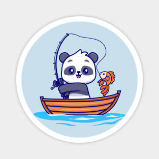 Cute Panda Fishing On Boat Cartoon Magnet